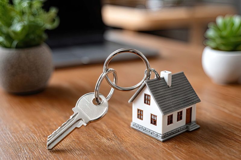 A miniature house keychain rests on a wooden desk surface, next to a silver key.  The house model is white with gray shingles, and the key is metallic. There are small potted succulents in the background. The image presents a neutral color palette, with natural textures, and appears to be shot during the day. The image offers possibilities for use in real estate, homeownership, or rental advertising, or other related editorial or commercial applications.